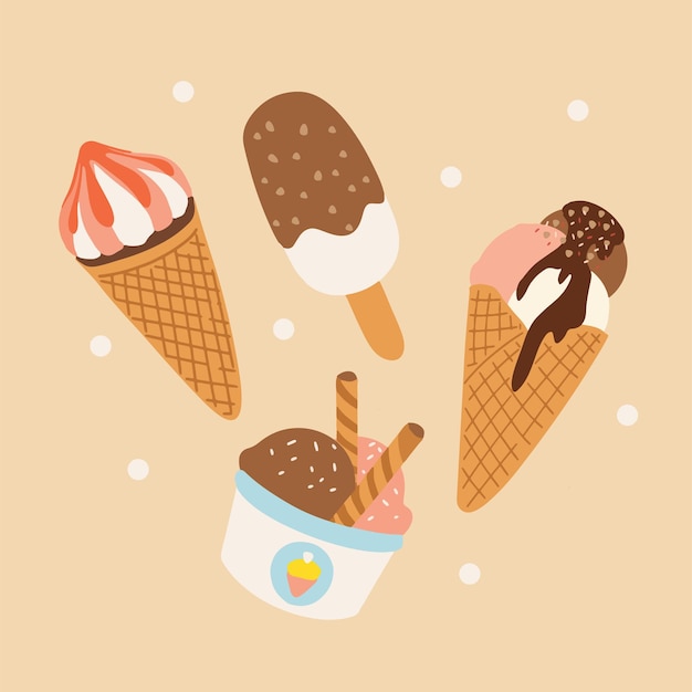 Vector an illustration of three ice cream cones with the words ice cream on the top