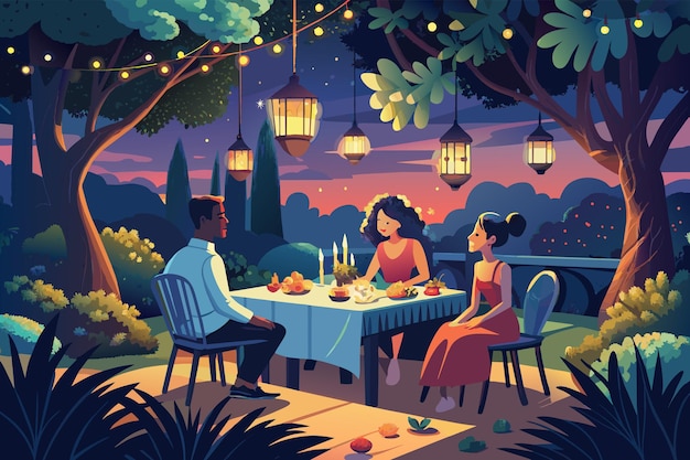 Illustration of three people dining outdoors at night in a lush garden decorated with hanging lanterns enjoying a meal under a starry sky with purple and pink hues