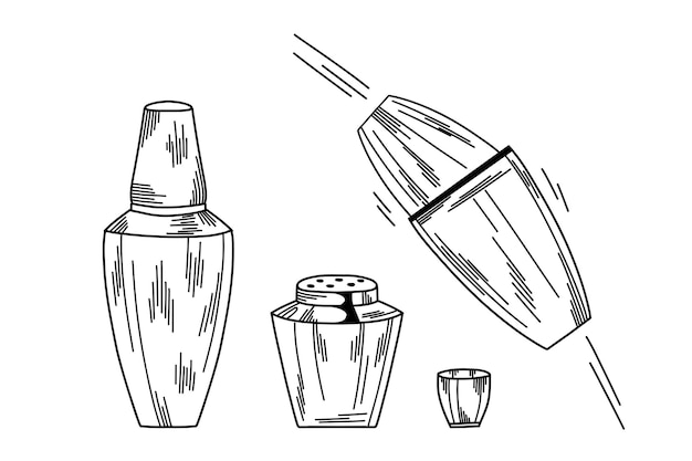 An illustration of a three-piece cocktail shaker and a boston shaker. Dry shaking