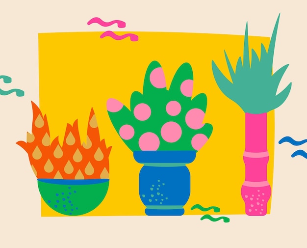 Illustration of three plants in flower pots of different colors blue green and pink