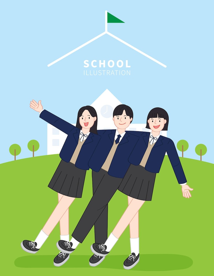 Vector 세 명의 학생과 교복을 입은 학교의 일러스트