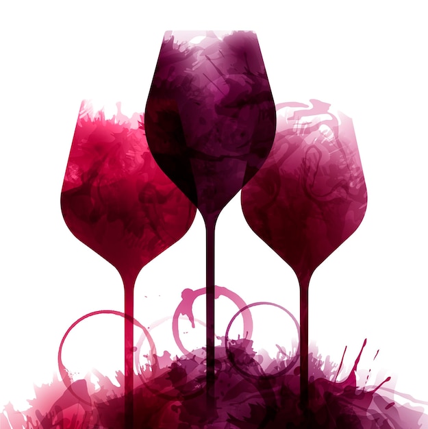 Illustration of three wine glasses with red wine stains Splashes of wine liquid drops circles of glass