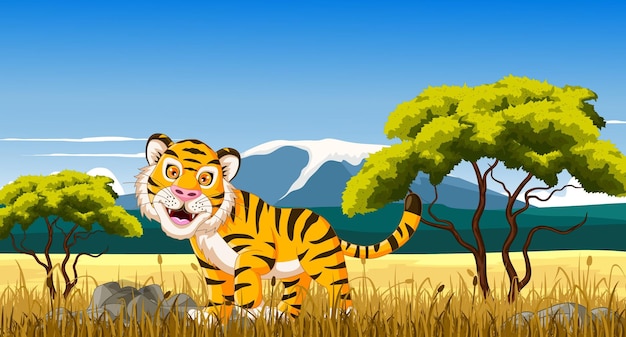 Vector illustration of tiger cartoon posing with landscape background