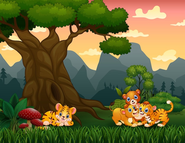 Illustration of tiger cub and lion playing under the big tree