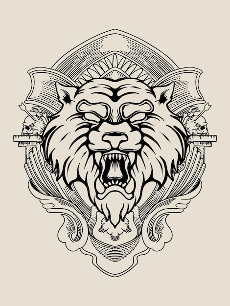 Vector illustration tiger head with engraving ornament