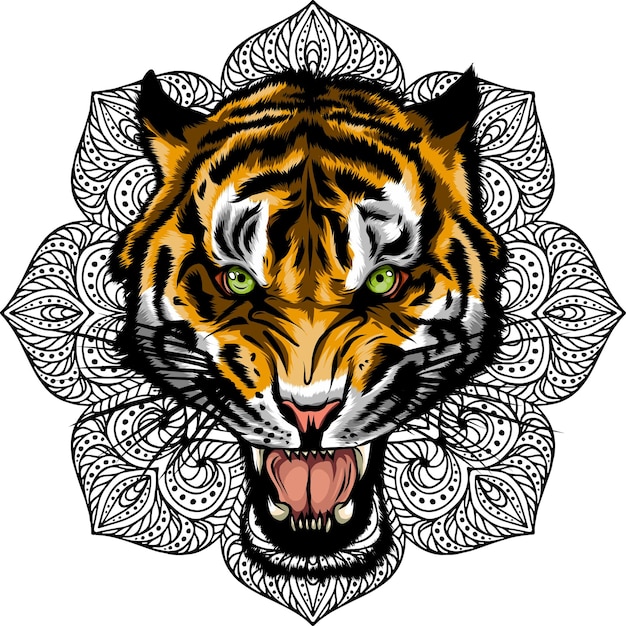 illustration of tiger head with mandala