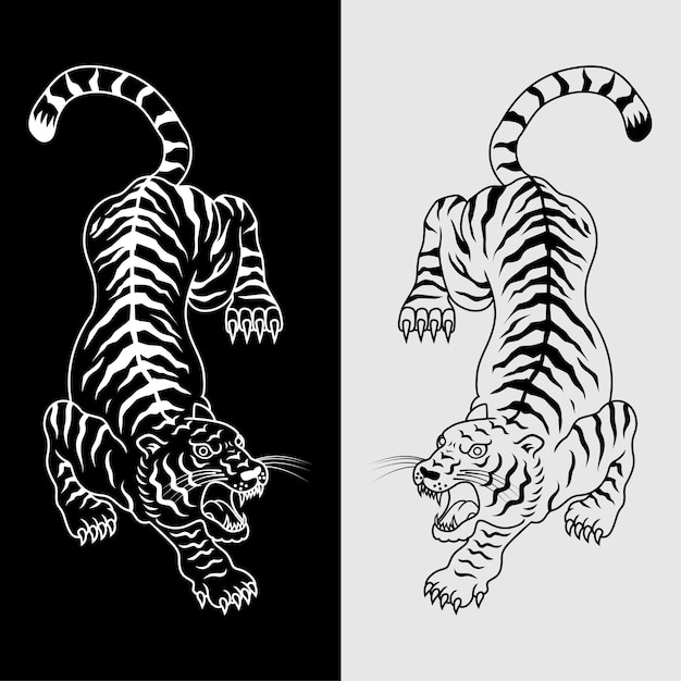 Illustration of tiger tattoo in black and white. Vector