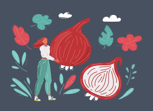 Illustration of tiny woman with big giant onion on dark background