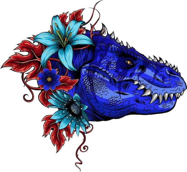 illustration of tirannosaurus rex head with leaves and flowers