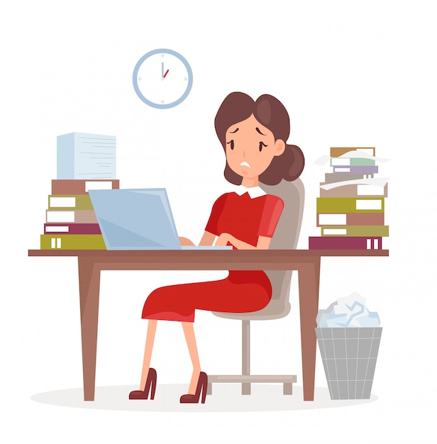 Illustration of tired and sed business woman or an accountant, working on a laptop computer at office desk with lot of papers and work. woman worker, deadline, lot of work, flat cartoon style.
