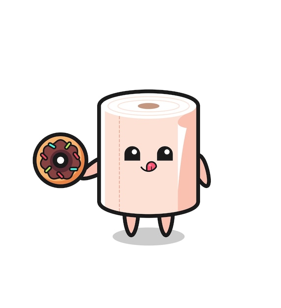 Illustration of an tissue roll character eating a doughnut cute design