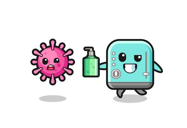 Illustration of toaster character chasing evil virus with hand sanitizer