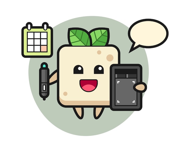Illustrazione della mascotte del tofu come graphic designer, design di stile carino per t-shirt