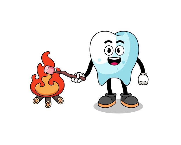 Vector illustration of tooth burning a marshmallow