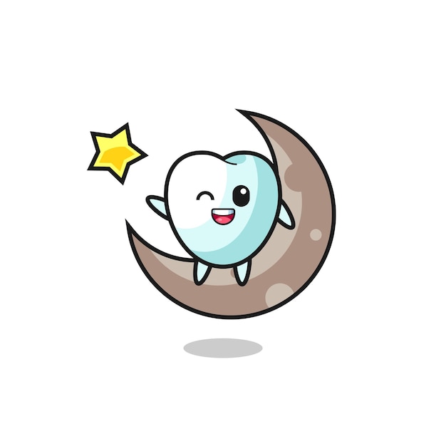 Vettore illustrazione del cartone animato del dente seduto sulla mezza luna