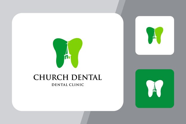 Illustration of tooth mark with a tall church tower abstract inside logo design