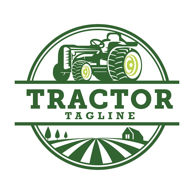 Vettore illustrazione del trattore in un modello di logo del ranch logo pronto con sfondo bianco isolato