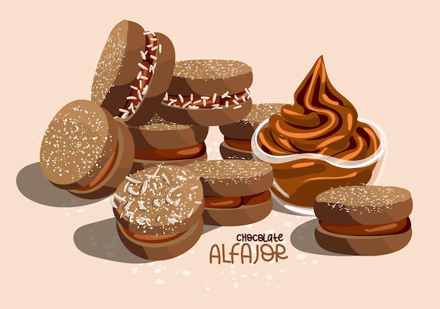 Vettore illustrazione del dolce tradizionale argentino cioccolato alfagor con latte condensato bollito