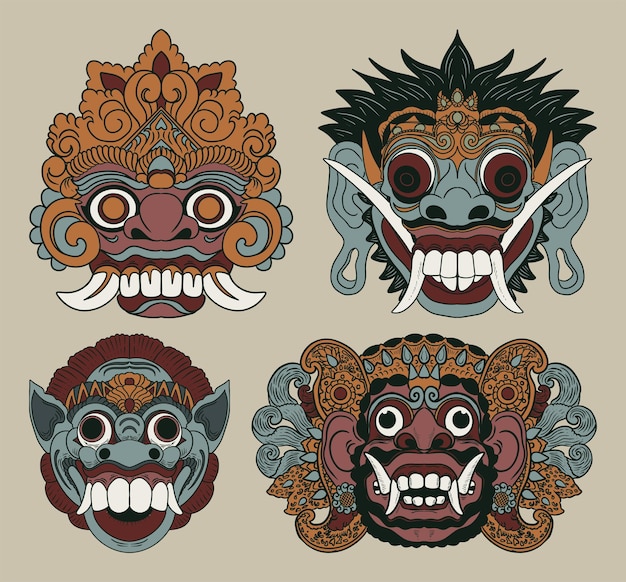 Illustration of traditional indonesian javanese and balinese masks for decoration or label and logo