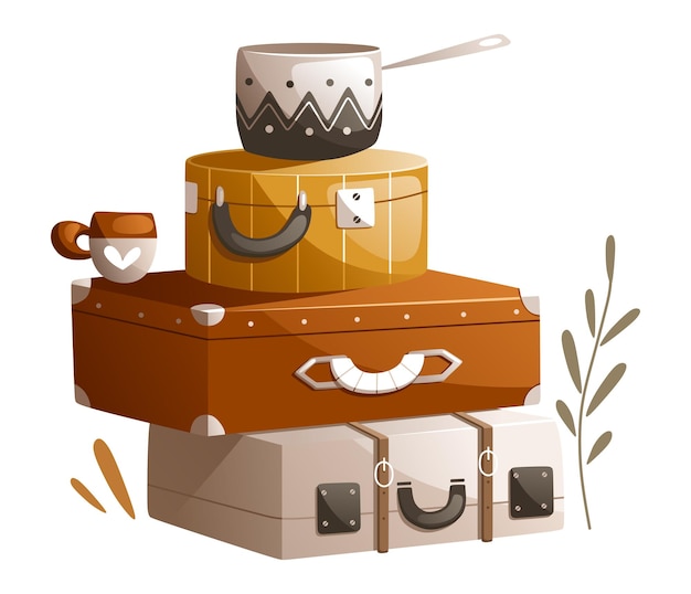 Illustration of travel accessories Suitcases mug saucepan