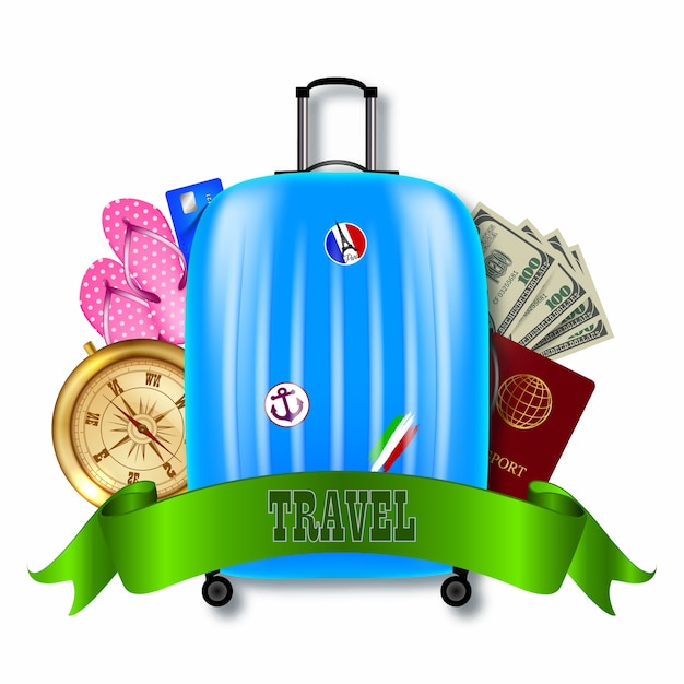 Illustration of travel with suitcase compass and money