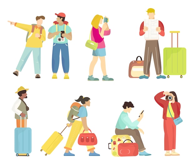 Illustrazione di persone in viaggio con accessori fotocamere e valigie