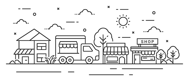 Illustration tree in line style with car shop