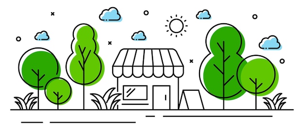Illustration tree in line style with store building