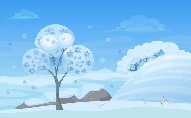 Illustrazione dell'albero nella foresta di inverno con i fiocchi di neve