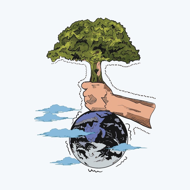 オゾン層破壊防止のための地球上の木のイラスト 世界オゾンデー