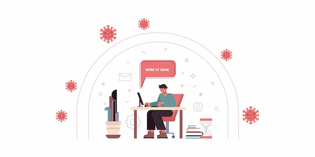 illustration in trendy flat linear style - man character working at the laptop sitting in the armchair with cat - home office and remote creative team member - outsource and freelance work
