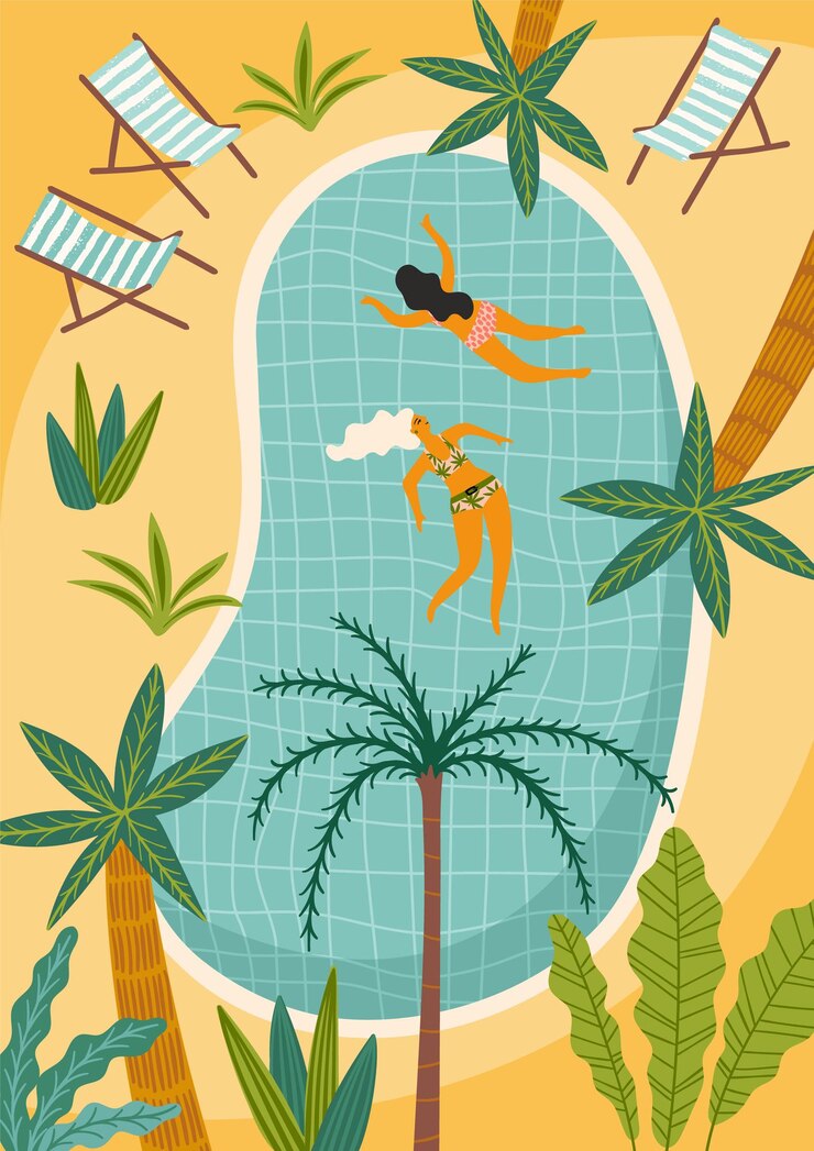 Vector illustration of tropical beach and swimming pool