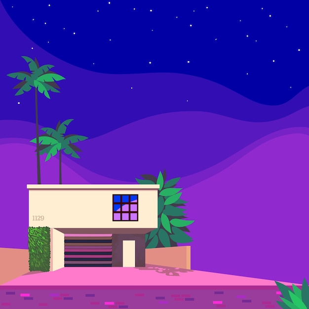 Vector illustration of a tropical house at night