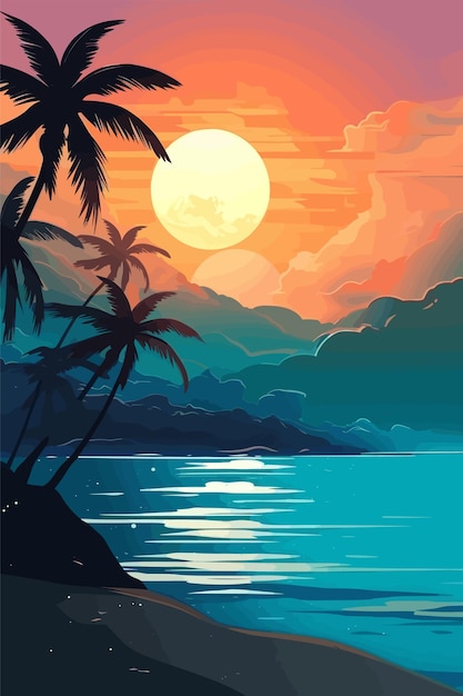 Vector illustration tropical landscape ocean and mountains at sunset