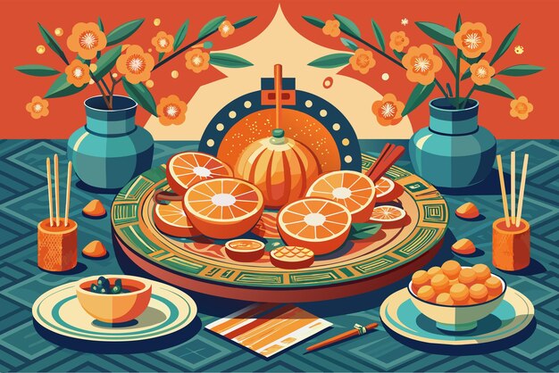 Vector illustration of turkey fruit breakfast at morning table