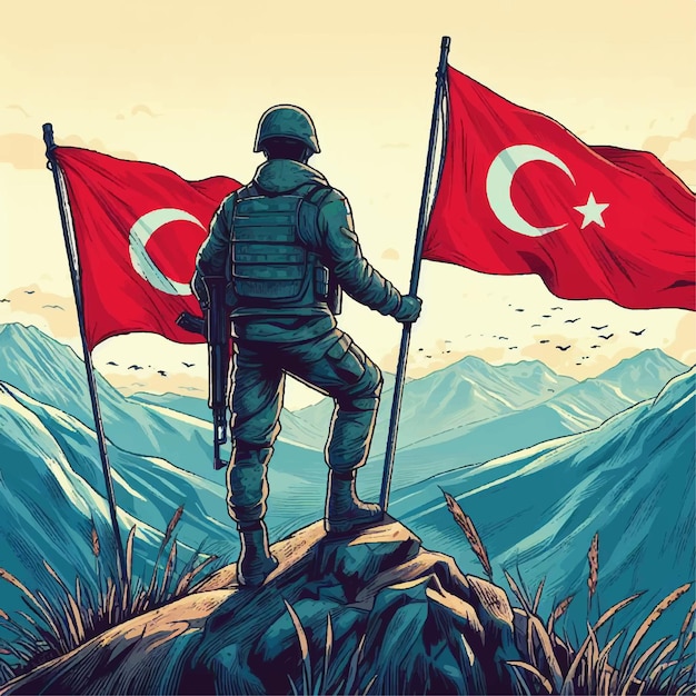 illustration Turkish soldier and Turkish flag