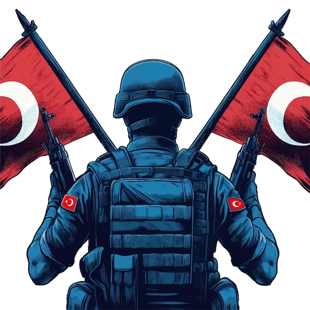 illustration Turkish soldier and Turkish flag