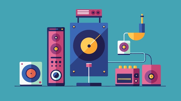 Vector an illustration of a turntable being connected to a preamp and speakers in the optimal audio setup