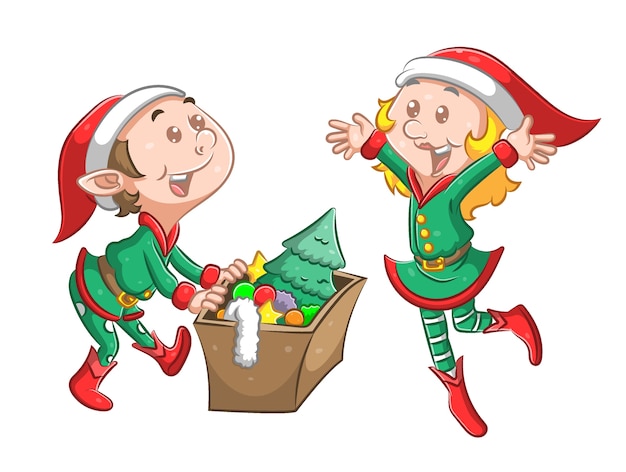 Vettore l'illustrazione dell'elfo gemello usa il costume natalizio verde e tiene in mano una scatola con la decorazione dell'albero di natale