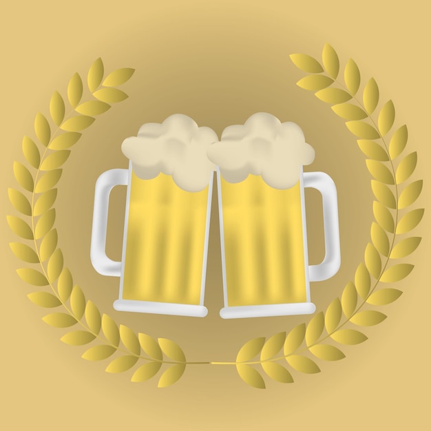 Vector illustration of two beers and barley arround. logo design for brewery.
