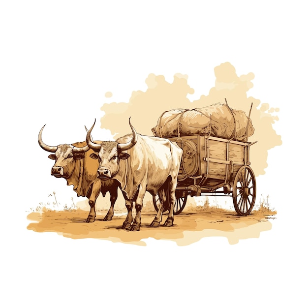 干し草を積んだ荷車を引く2頭の雄牛のイラスト。