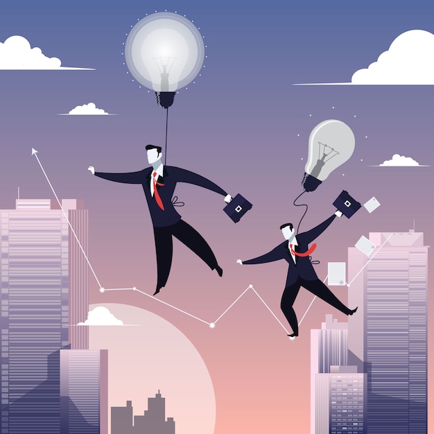 Vector illustration of two businessmen walking on tightrope like funambulist
