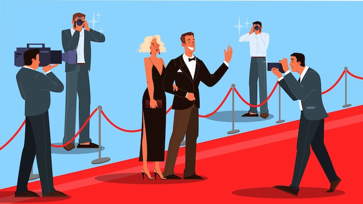 Vector  illustration of two celebrity on the red carpet, waving to photographer and paparazzi. famos and beautiful actor and actress walk to ceremony event.