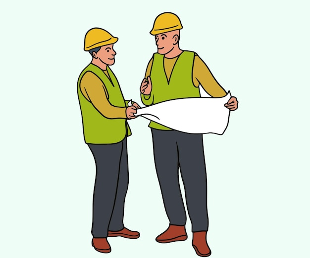 Иллюстрация двух строителей, ведущих дискуссию