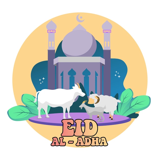 Un'illustrazione di due mucche e una moschea con sopra le parole eid al adha