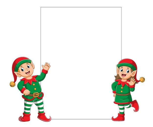 Vector the illustration of the two elfs using the santa clause clown costume standing near the blank board