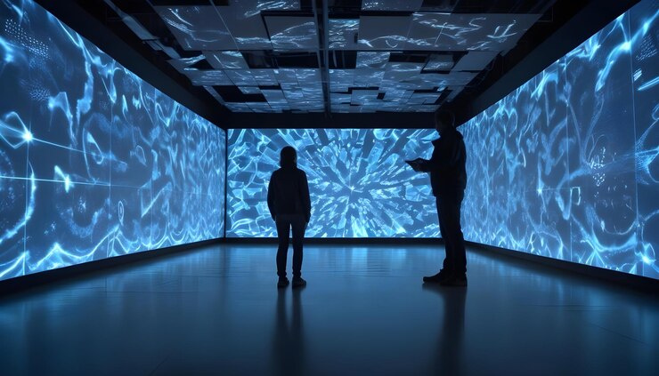 Vector an illustration of two figures silhouetted against a wall of glowing blue screens displaying digital patterns