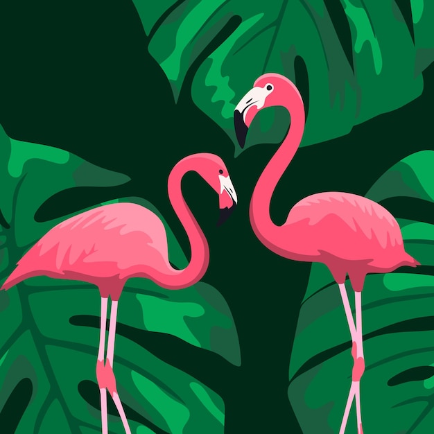 Vector illustration of two flamingos on the background of monstera leaves romantic mood flamingos in the jungle