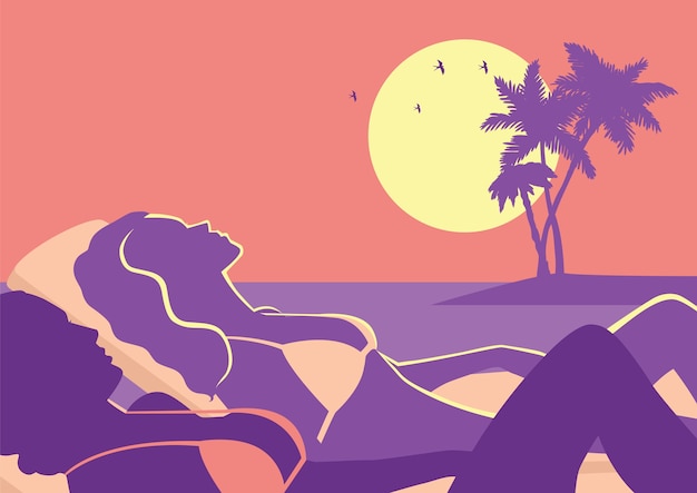 Illustration of two girls sunbathing