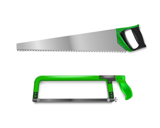 Vector illustration two hand saws with green handle. hand saw for cutting metal and tree